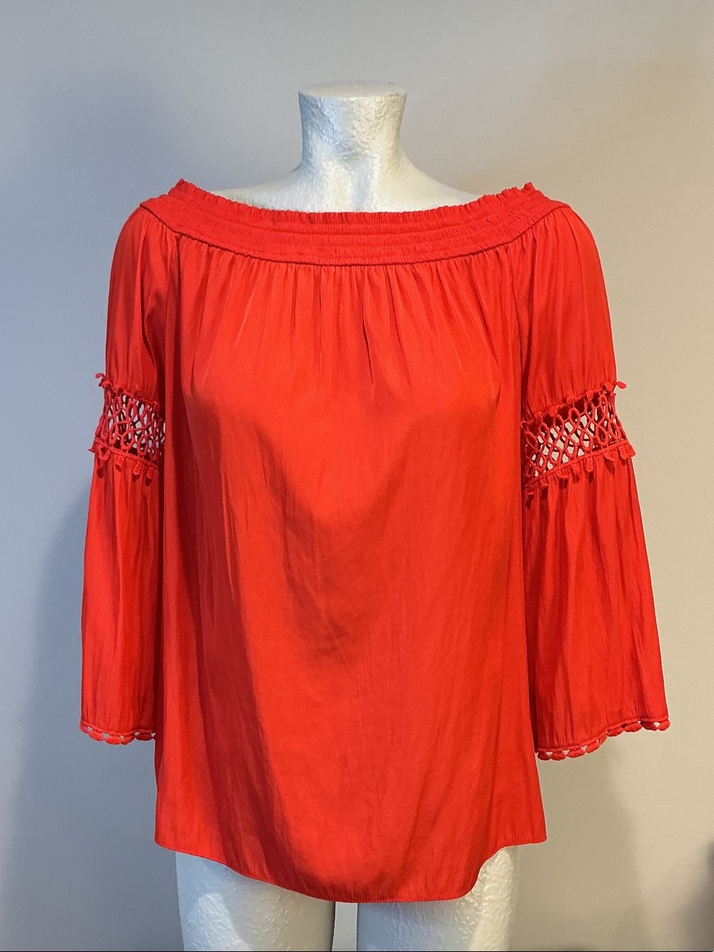 Chico's Orange Off-Shoulder  3/4 Crochet-Bell Sleeve Blouse, size 1